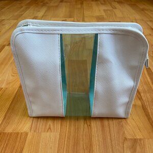 Large zip top makeup bag white with blue transparent stripe
